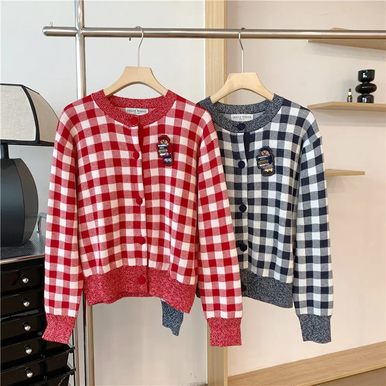 

Red Plaid Knitted Cardigans, Full Sleeves Preppy Sweater Coat , Autumn Casual Jumper Jackets, Vestidos Para Mujer, Traf