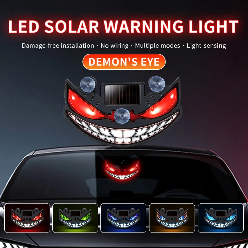 Фото Светодиодный автомобильный предупреждающий стробоскоп Devil's Face Sensor на солнечной энергии, многоцветный мигающий сигнальный фонарь безопасности на присоске для лобового стекла №2
