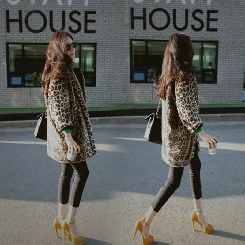 Autumn Winter Women Long Rabbit Fur Faux Fur Coat 2022 New Ladies Sexy Leopard Fashion Tops Casual Loose Parkas Famale Clothing