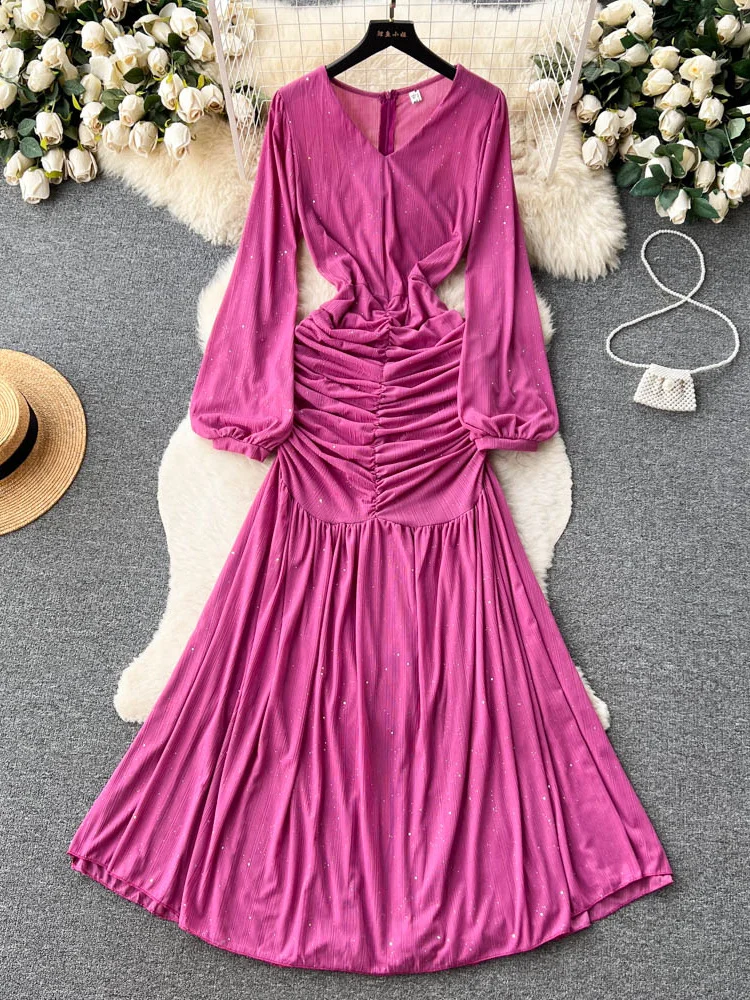 

Женское длинное плиссированное платье, элегантное винтажное платье макси с драпировкой, V-образным вырезом, пышными рукавами и высокой талией, весна-осень