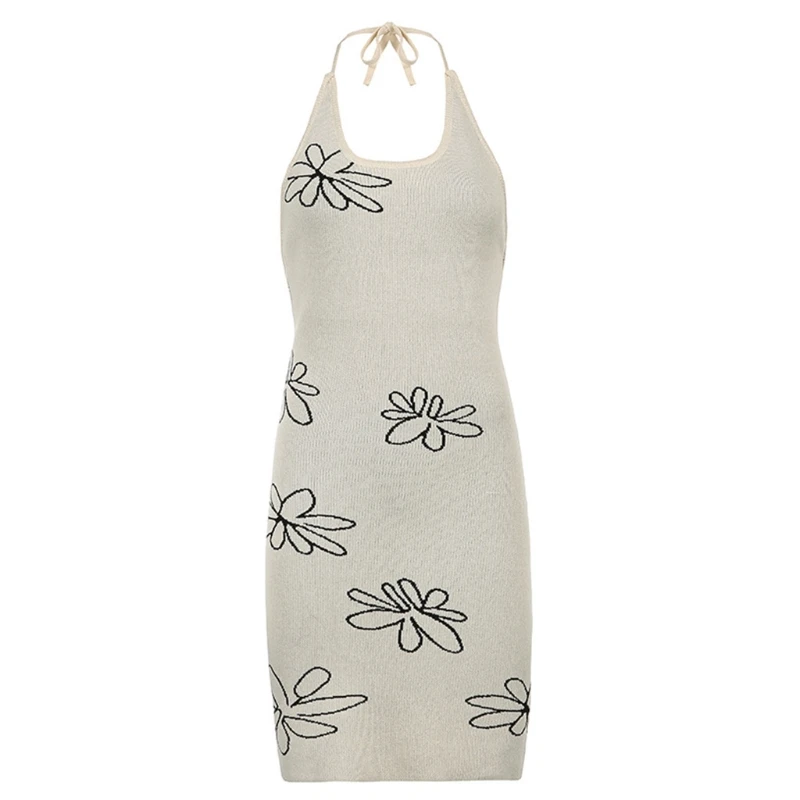 

Women Summer Sexy Halter Bandage Backless Knitted Bodycon Mini Dress Harajuku Graffiti Floral Printed Off Shoulder Vintage P8DB