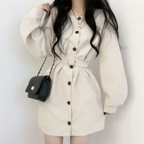 

Женское однотонное платье с длинным рукавом, однобортное платье-трапеция с квадратным вырезом и высокой талией в винтажном стиле, в Корейск...