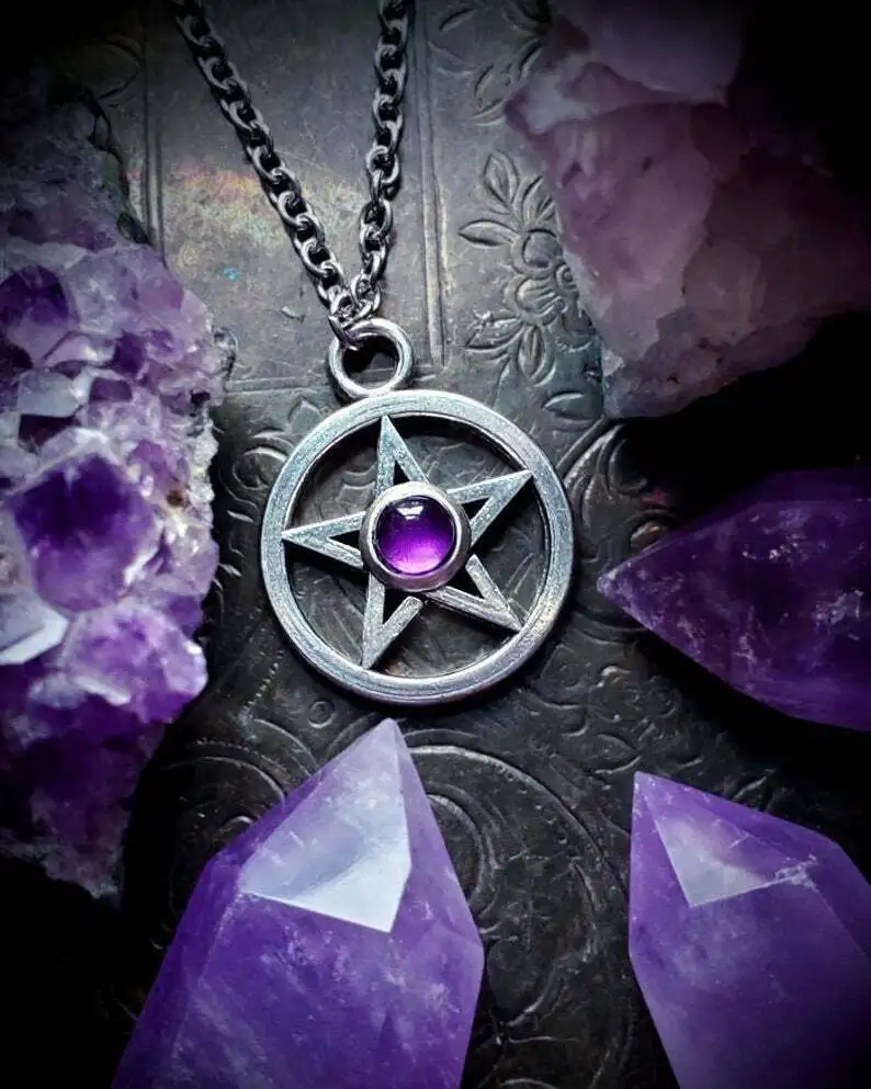

Gothic Pentagram Charm Necklace Women Man Fashion Witch Jewelry Accessories Gift Pagan Amethyst Pentagram Pendant Choker Trend