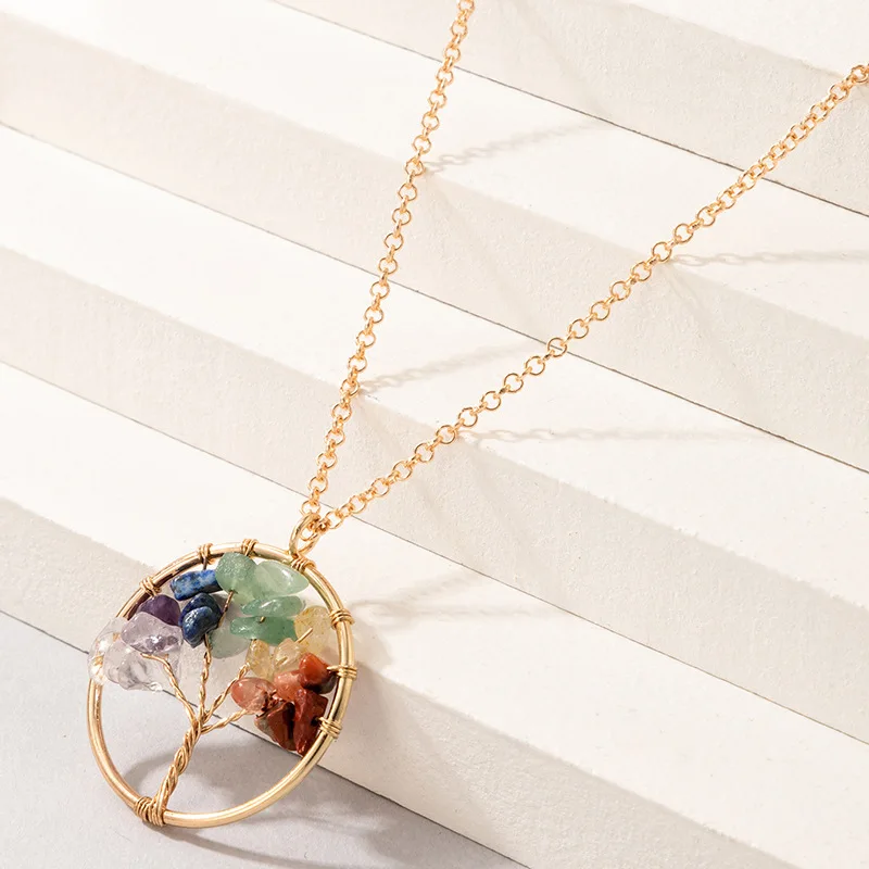 

Ethnic Style Jewelry Colorful Imitation Natural Stone Bouquet Necklace Geometric Pendant Single Layer Necklace for Women