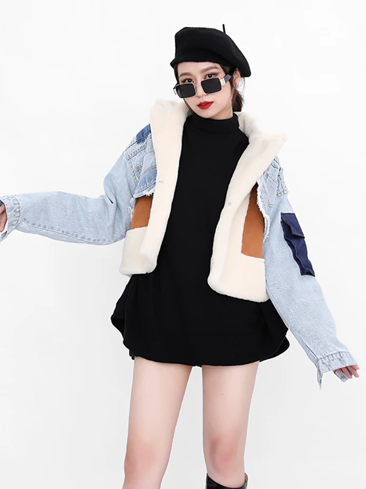 DEAT Leisure Full Sleeve Wool Liner Wde Waisted Turn Down Collar Women Slim Patchwork Woolen Coat 2022 Autumn Autumn New TD659