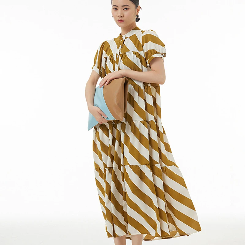 Johnature Korean Version Casual Striped Cake Short Sleeve Women Dress 2023 Summer New Women Loose Dresses
