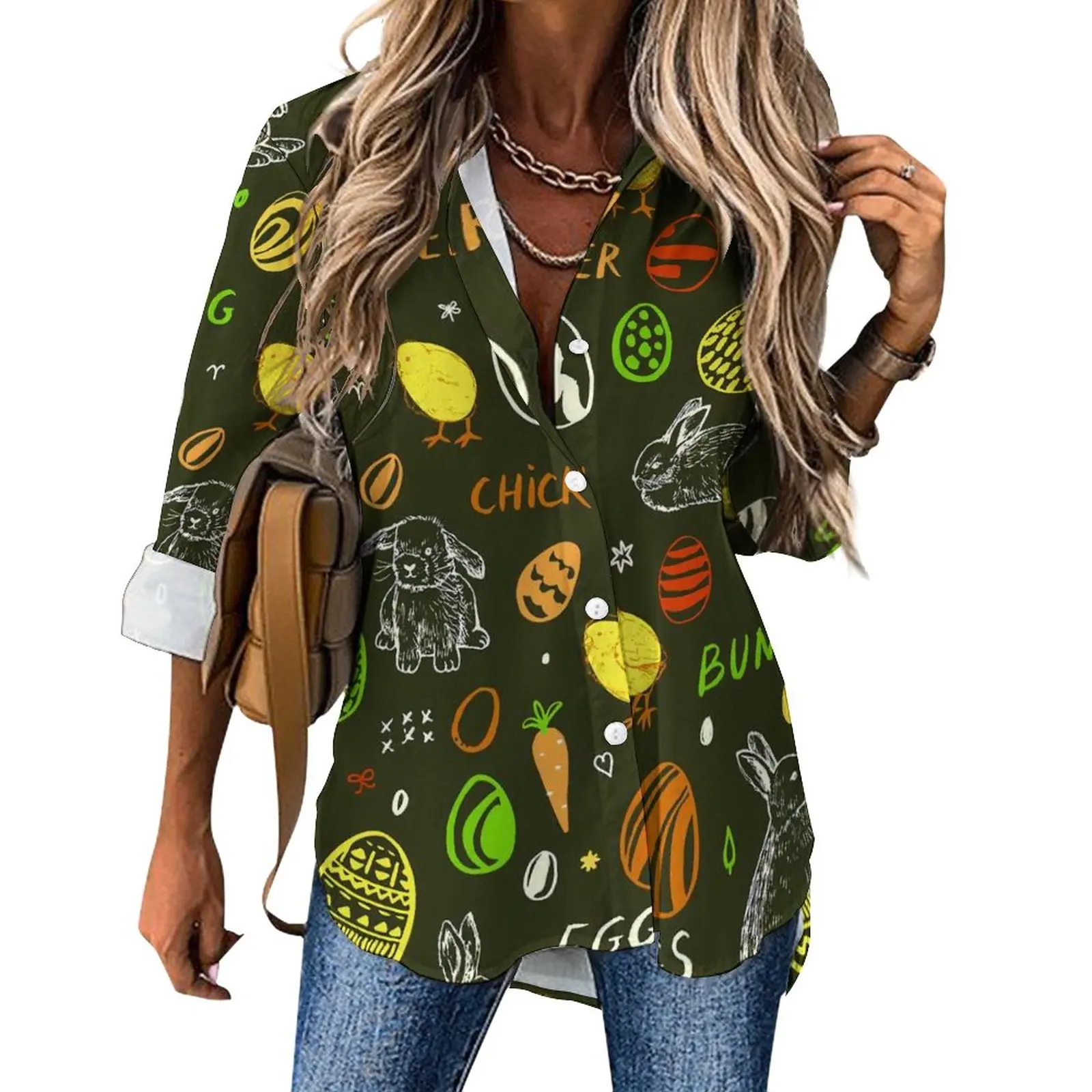 

Colorful Easter Blouse Chick Bunny Eggs Print Kawaii Casual Blouses Female Street Wear Shirts Long-Sleeve Oversized Clothing