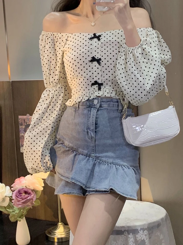 

SVOKOR Women Short Bow Tops Long Sleeve Dot Shirt Elegant Slim Pullover Basic Top Spring Autumn New Casual Fashion Clothes