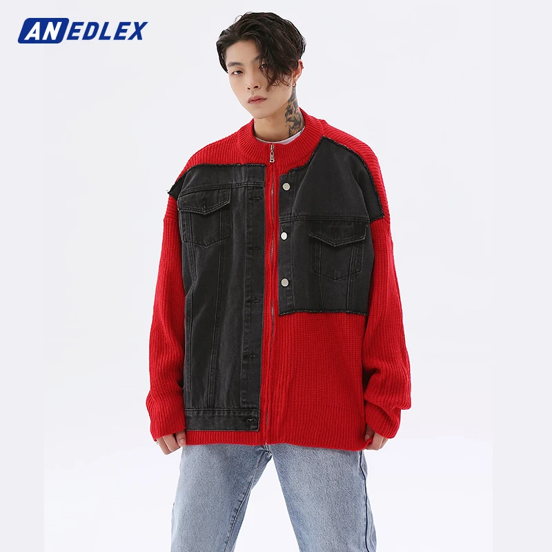 

Мужской трикотажный свитер на молнии, Повседневный хлопковый пуловер в стиле Харадзюку, в стиле пэчворк, уличная одежда в стиле хип-хоп, зим...