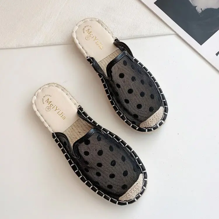 

Summer New Women's Casual Shoes Outside Leisure Flats Mules Retro Woven Fisherman Shoes Fashion Openwork Polka Dot Mesh Loafers