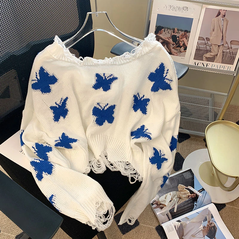 

DUOFAN Woman Knitted Sweater Korean Fashion Graphic Cropped Tops Harajuku Sweet Oversized Off Shoulder Casual Loose Jumper Y2K