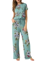 levaca womens drawstring floral print round neck loose wide legs casual summer jumpsuits