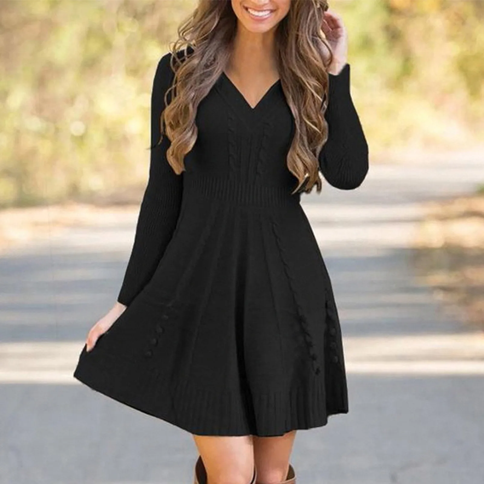 

Women's Dresses Casual V-Neck Loose Pullover Knitted Long Sleeve Sweater Dress Female A Line Office Vestidos Women Clothes