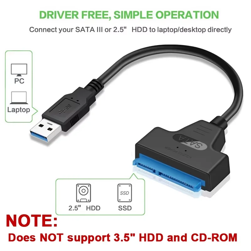 Фото Кабель SATA — USB 3.0 / 2.0 До 6 Гбит/с для 2,5-дюймового внешнего жесткого диска SSD SATA 3 22-контактный адаптер USB 3.0 — шнур Sata III №4