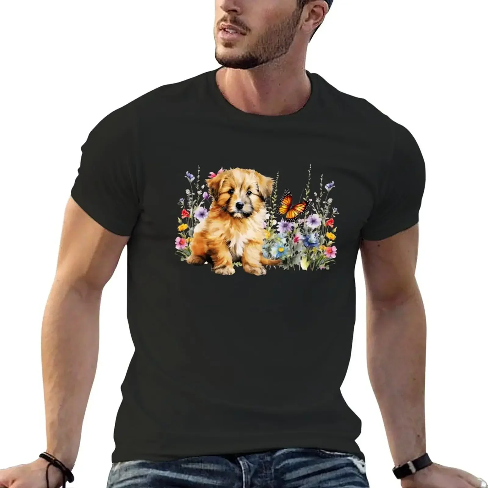 Футболка с изображением каталога и овчарки щенка весенние цветы быстросохнущие