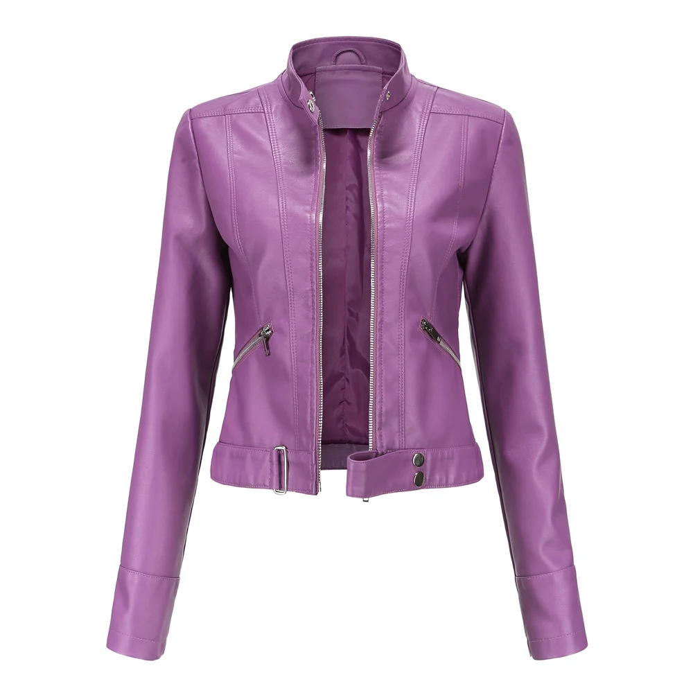 

Модная кожаная куртка для женщин 2021 Байкерская мотоциклетная Женская куртка 2021 фиолетовая черная кофейная красная Осенняя искусственная кожа для женщин