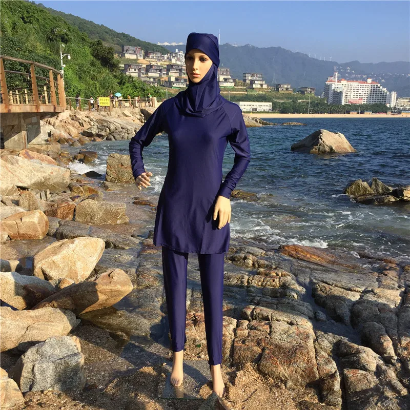 

Muslim Swimwear Women Modest Patchwork Hijab Long Sleeves Sport Swimsuit 3pcs Islamic Burkinis Wear Bathing Suit