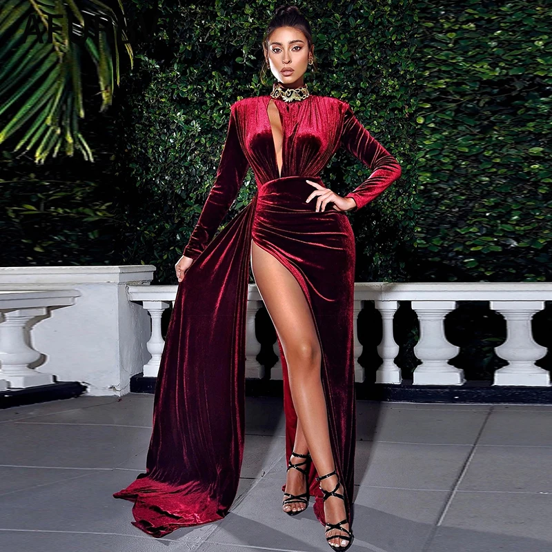 Women Elegant Velvet Prom Dress Sexy Hollow Out Crew Neck Long Sleeve High Split Fashion Evening Party gowns