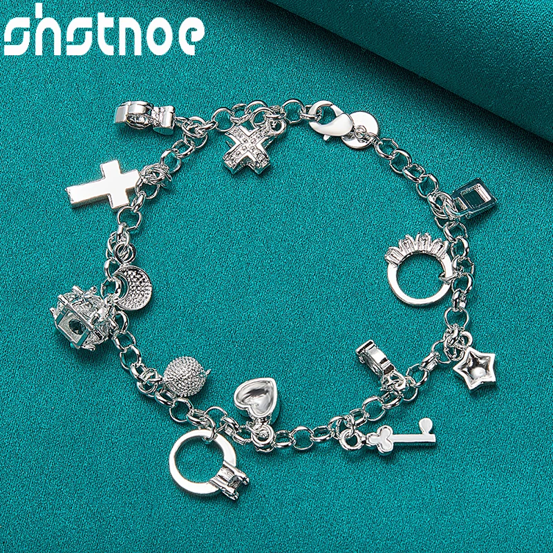 

925 Sterling Silver Moon Heart Lock Cross Ring Charm Chain Bracelet For Women Party Wedding Birthday Gift Lady Fashion Jewelry