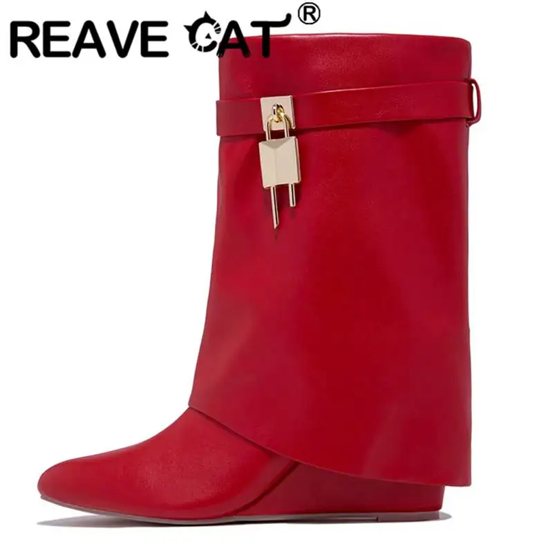 

Женские ботинки на танкетке REAVE CAT, Дизайнерские однотонные ботинки больших размеров 42, 43 с острым носком и металлическим украшением на молнии, S4586