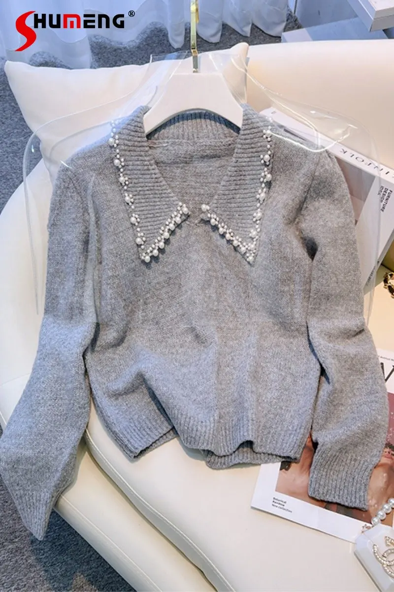 

Autumn and Winter New Peter Pan Collar Pullover Short Slimming Sense of Design Knitwear Beaded Gentle Sweater Women's Top