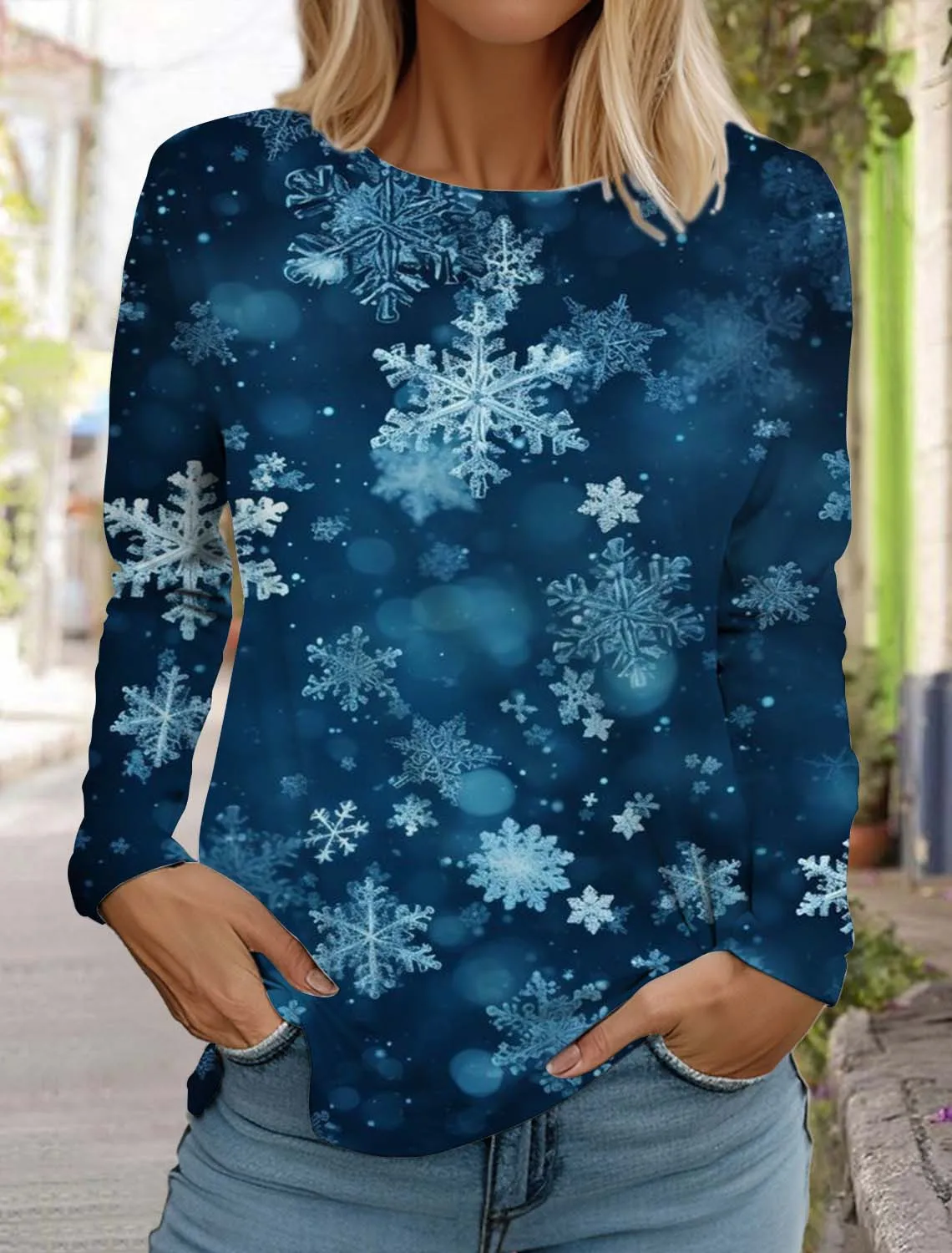 Christmas Snowflake Women's Long Sleeves T-Shirt Round Neck Autumn Santa Claus Elk Clothing Holiday Fashion Party Tops