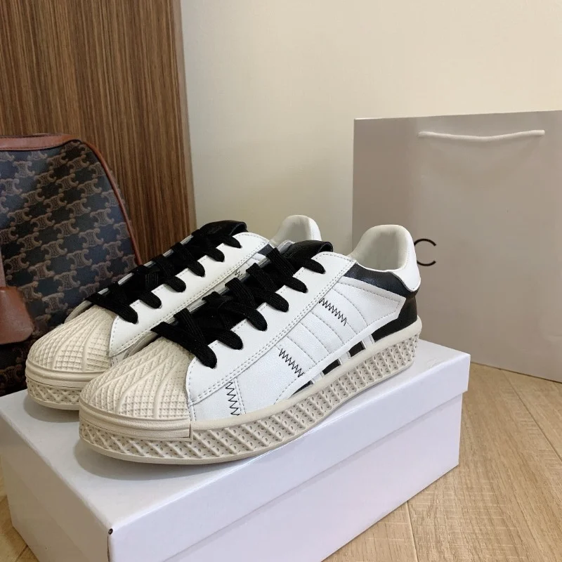 2023 New Shell Casual Versatile Color Matching Lace up Little White Shoes for Women~Round Head Couple Cricket Shoes