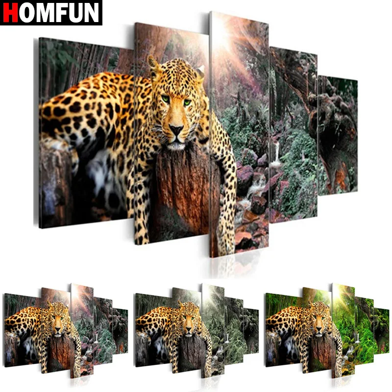 

HOMFUN 5pcs Full Square/Round Drill 5D DIY Diamond Painting "Animal Tiger" Multi-picture Combination 3D Embroidery 5D Home Decor