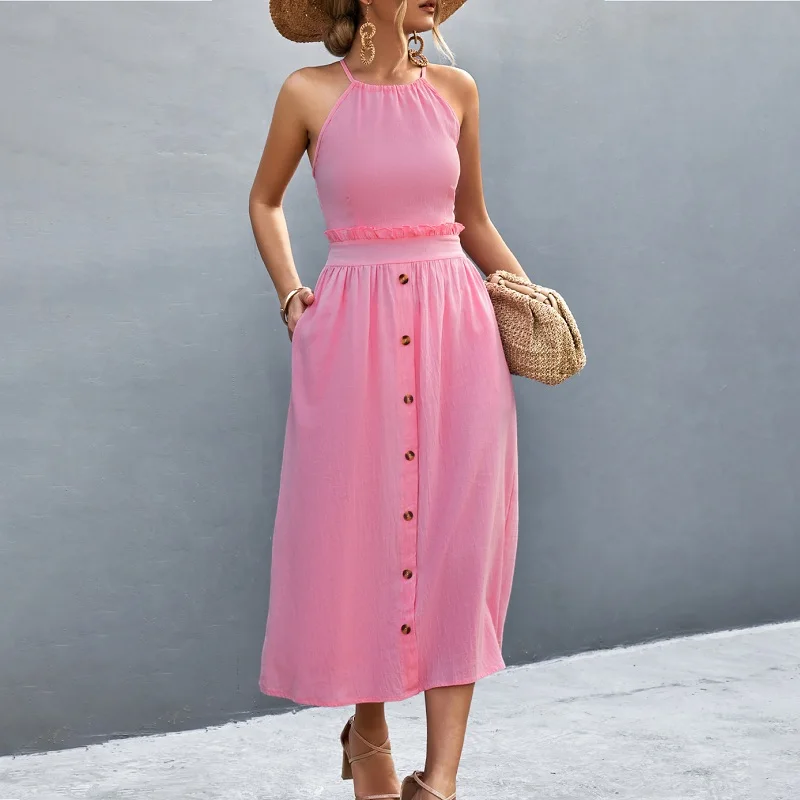 

Сексуальное женское платье на шнуровке с открытой спиной YEMOGGY, летнее платье, новинка 2023, облегающее однобортное шикарное платье-трапеция средней длины с высокой талией