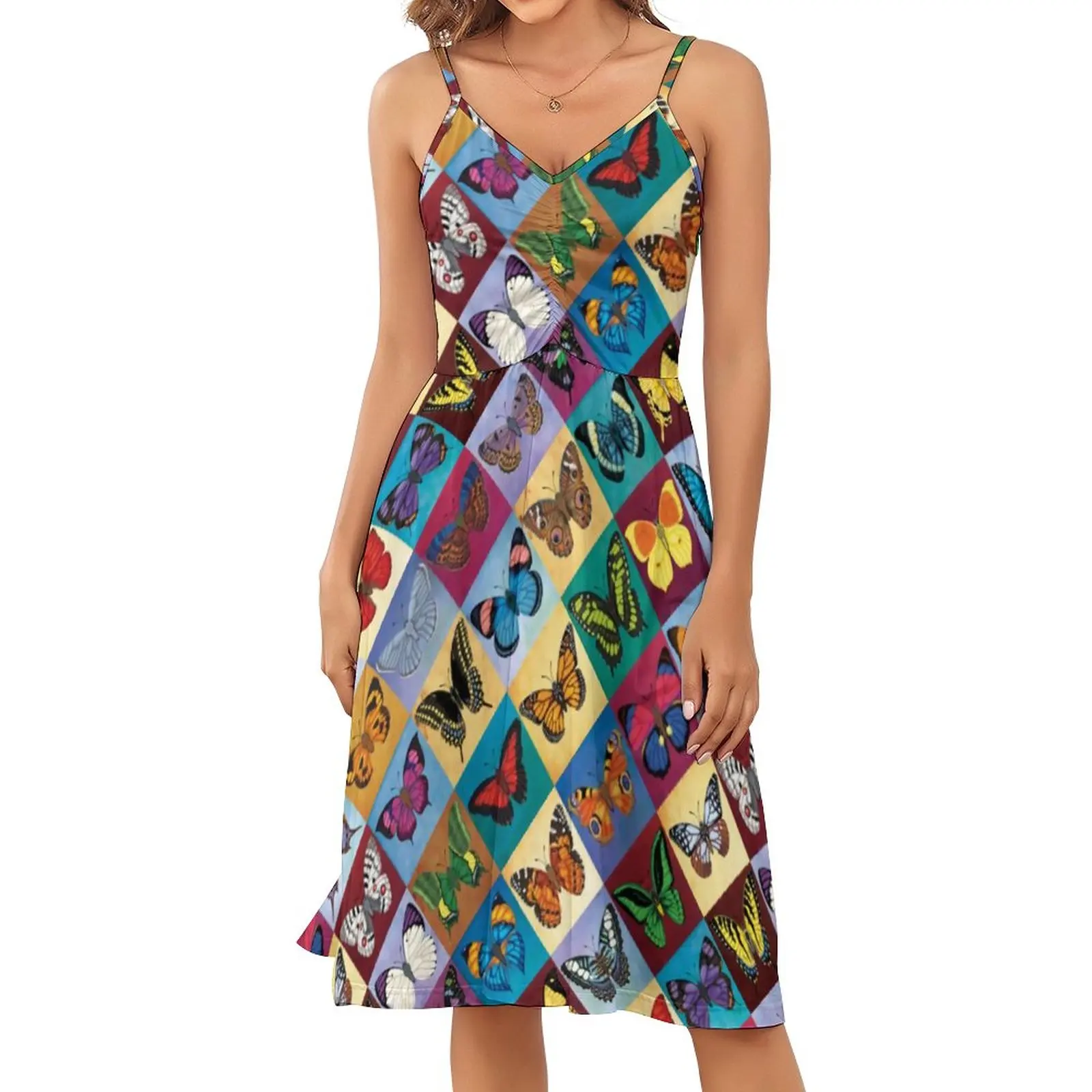 

Butterfly Patchwork Dress Woman Animal Plaid Print Beach Dresses Spring High Waist Street Style Printed Casual Dress