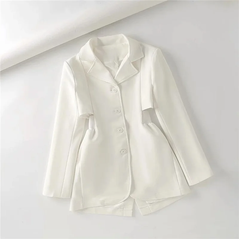 Show Waist Fake Two Piece Blazer Suit Women Sweet Sexy Fashion Mid Length Blazer Single Breasted Solid Colors High Waist Suit