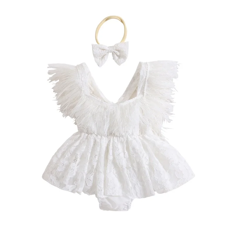 

Cute Baby Girl Clothes Feather Patchwork Summer Floral Lace Romper and Stretch Headband Two Piece Outfits