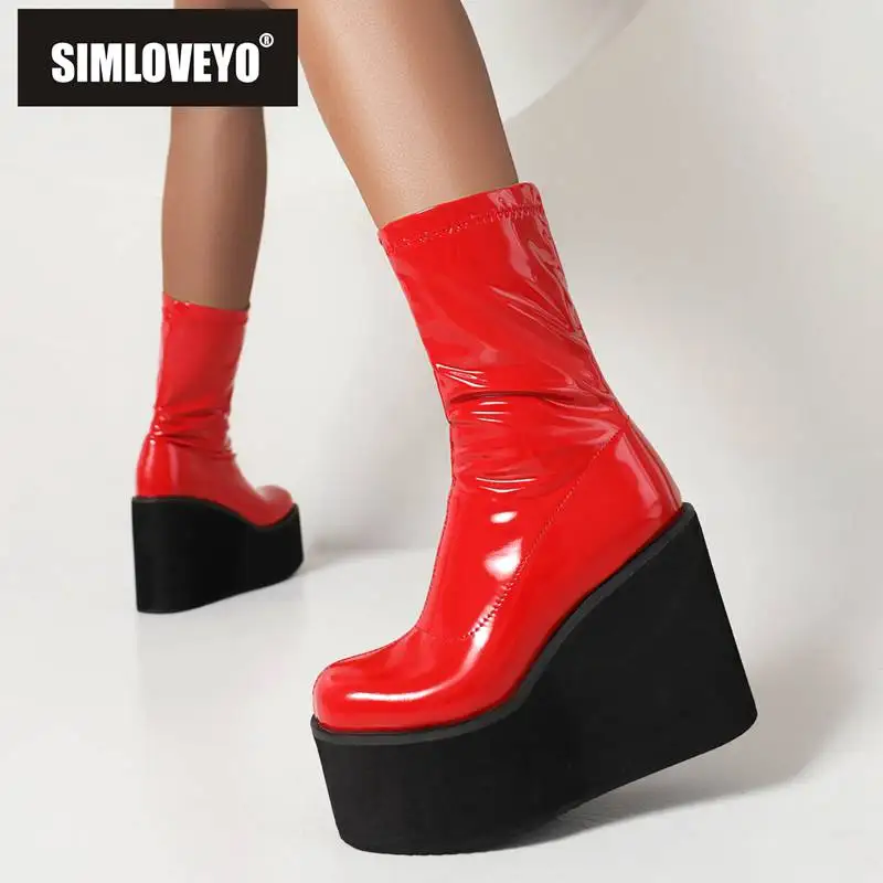 

SIMLOVEYO Lady Mid Calf Boots 21cm Round Toe Wedges High Heel 11.5cm Platform Hill 6cm Zipper Plus Size 43 Solid Sexy Party Shoe