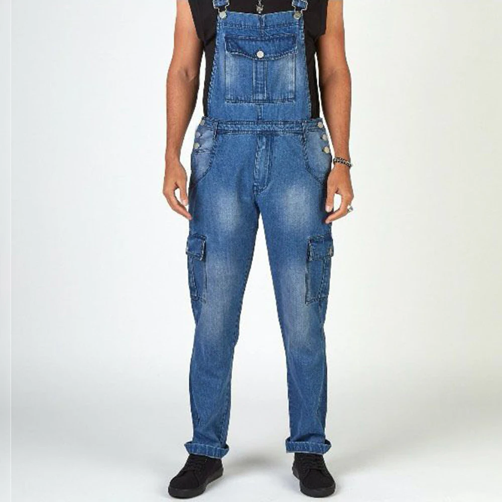 Men's Fashion Trend Blue Denim Jumpsuit 2023 Spring And Summer New Multi-Pocket Design Washed Straight-Leg Overalls Long Pants