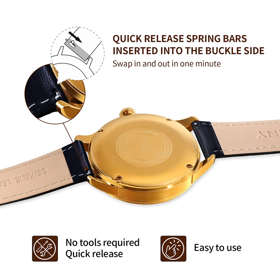 BERNY 100% Genuine Leather Watchbands 14/16/18/20/22mm Pin Grain Watch Strap Hygrosscopic and Breathable High Quality Watchbands