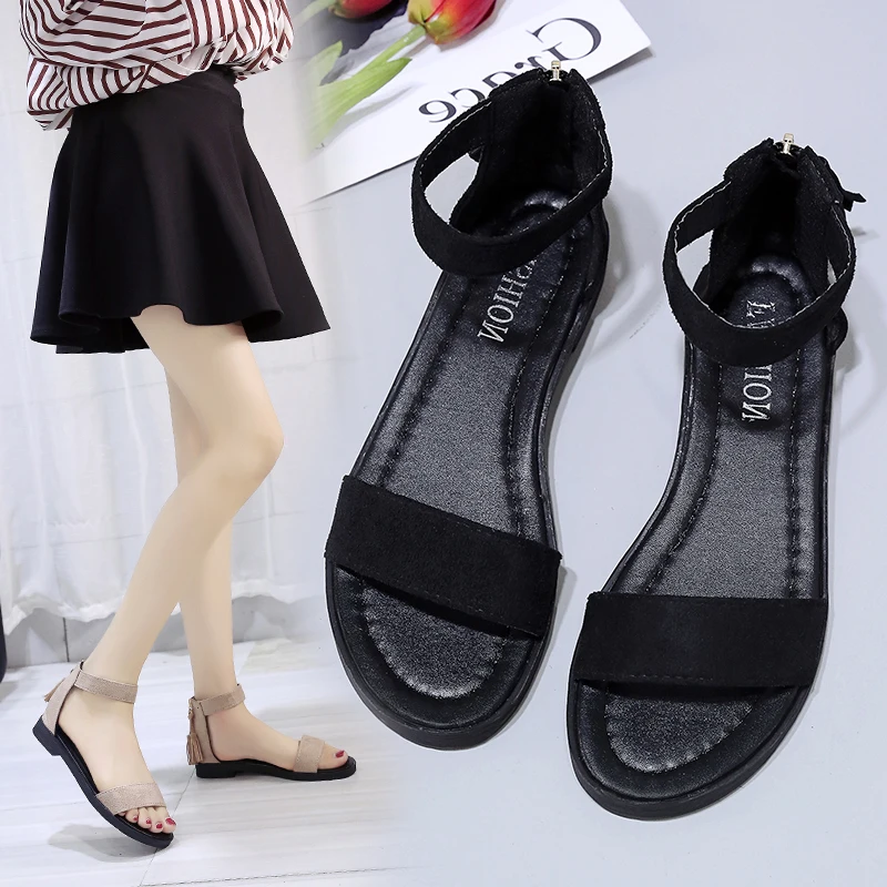 

Velvet Shoes 2022 Summer Clear Heels Female Sandal Open Toe Anti-Skid All-Match Suede Girls Flat Peep Comfort Beige Beach Fashio