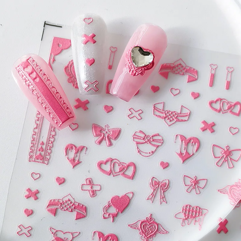 

Lovely Girl Pink Bowknot Love Heart Lace Ribbon 5D Soft Embossed Reliefs Self Adhesive Nail Art Stickers Cute 3D Manicure Decals