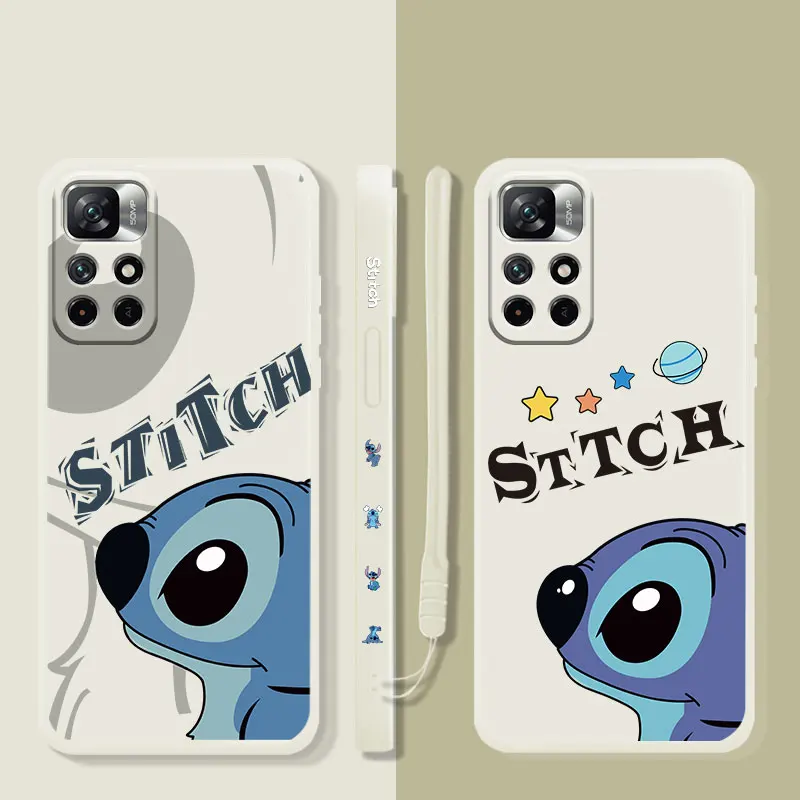 

Phone Case Square Liquid For Xiaomi Redmi Note 10 Note 10 Pro 9S 9C K40 8 K30 9T 9 9A 11 11T 10C Soft Disney Stitch Look Up At