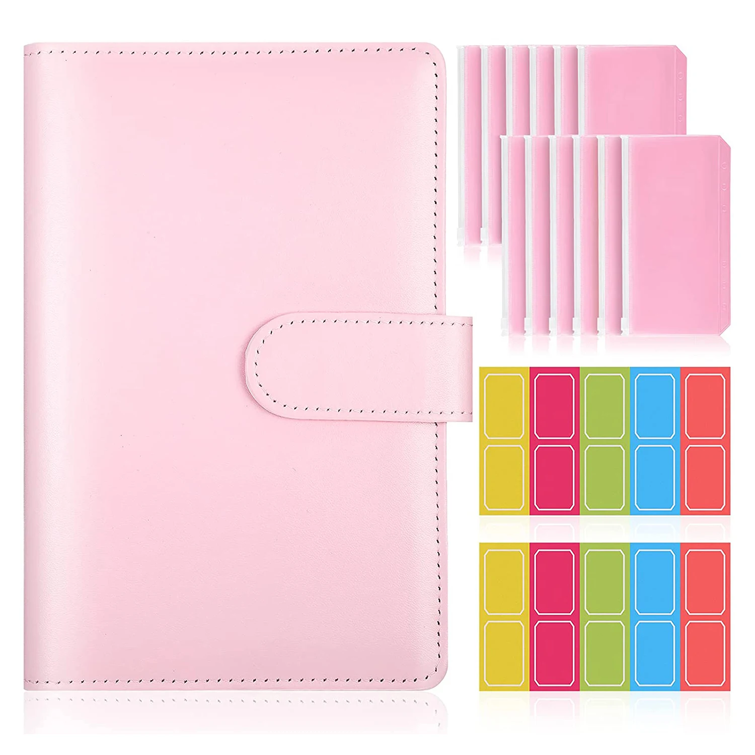 

15 Pieces A6 PU Leather Binder Cover Set Refillable Planner with 12pcs 6 Ring Loose Leaf Zipper Pouch and Colorful Sticker
