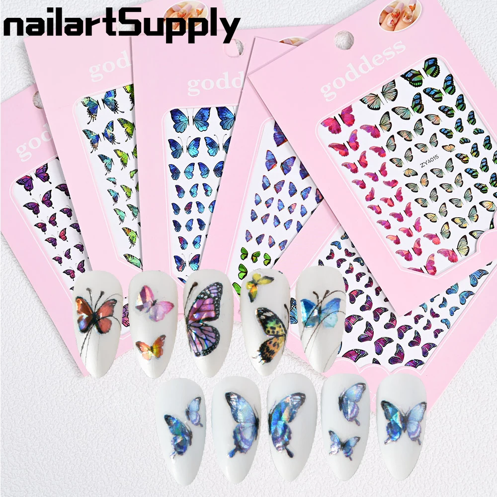 

1Sheet Pink Bule Butterfly Nail Sticker 3D Laser Adhesive Transfer Nail Art Slider DIY Manicure Salon Acrylic Tips Decoration