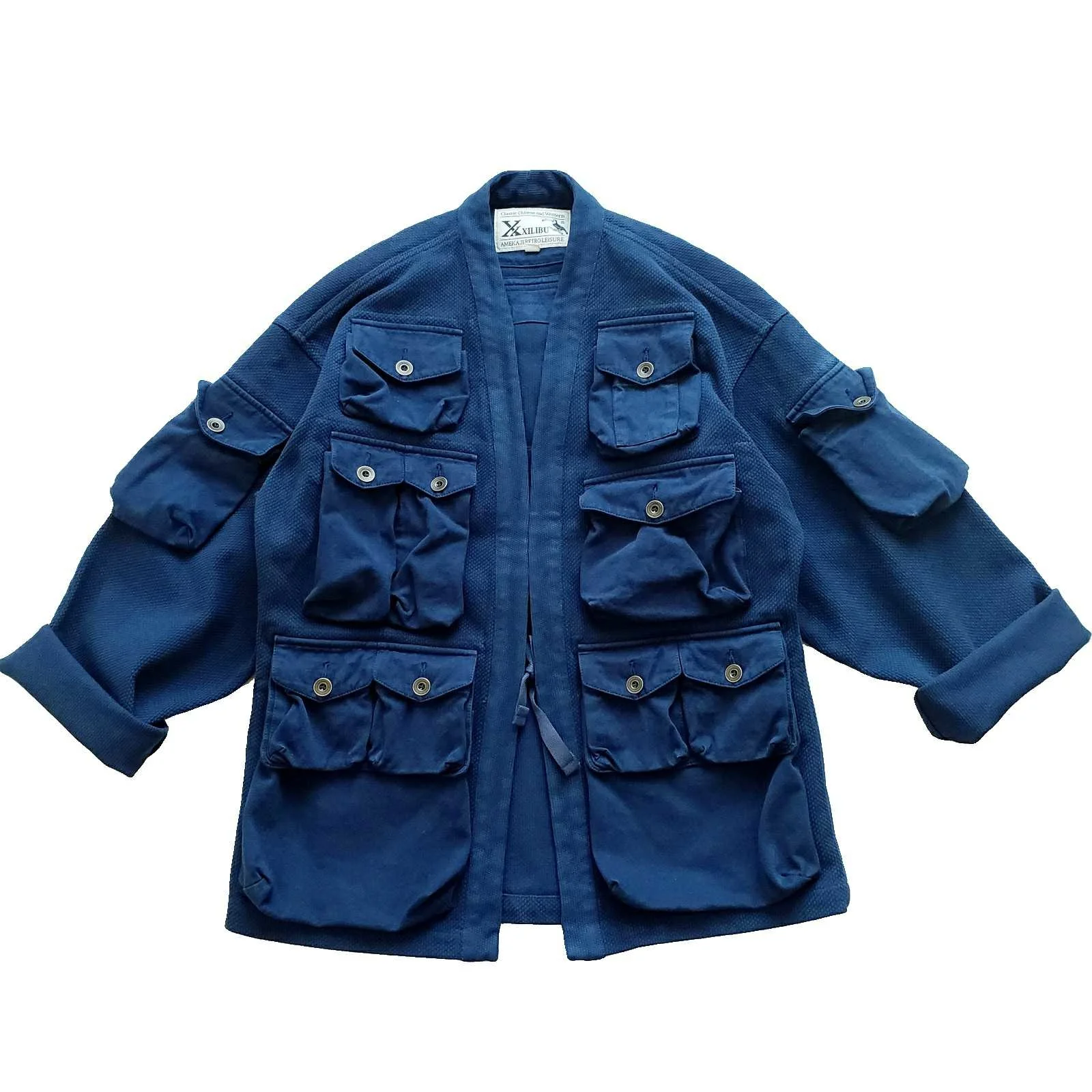 

Мужская куртка Hanten с несколькими карманами, толстое синее кимоно в японском стиле, повседневная шикарная уличная одежда, винтажная одежда на весну и осень