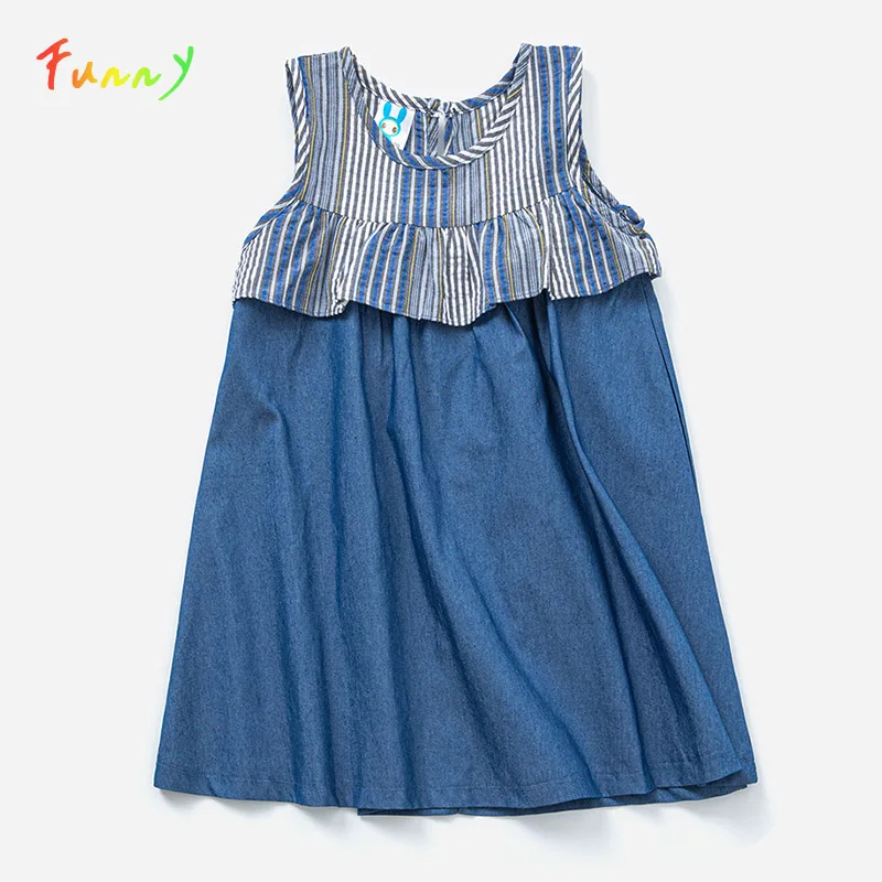 

Лето 2022 г. Лоскутное джинсовое платье для девочек, мини-платье без рукавов с круглым вырезом, повседневная детская одежда для детей 4, 6, 8, 10, 12,...