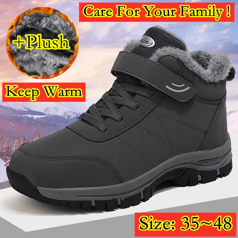 

2022 Winter Women Men Boots Plush Leather Waterproof Sneakers Climbing Hunting Shoes Unisex Lace-up Outdoor Warm Hiking Boot Men