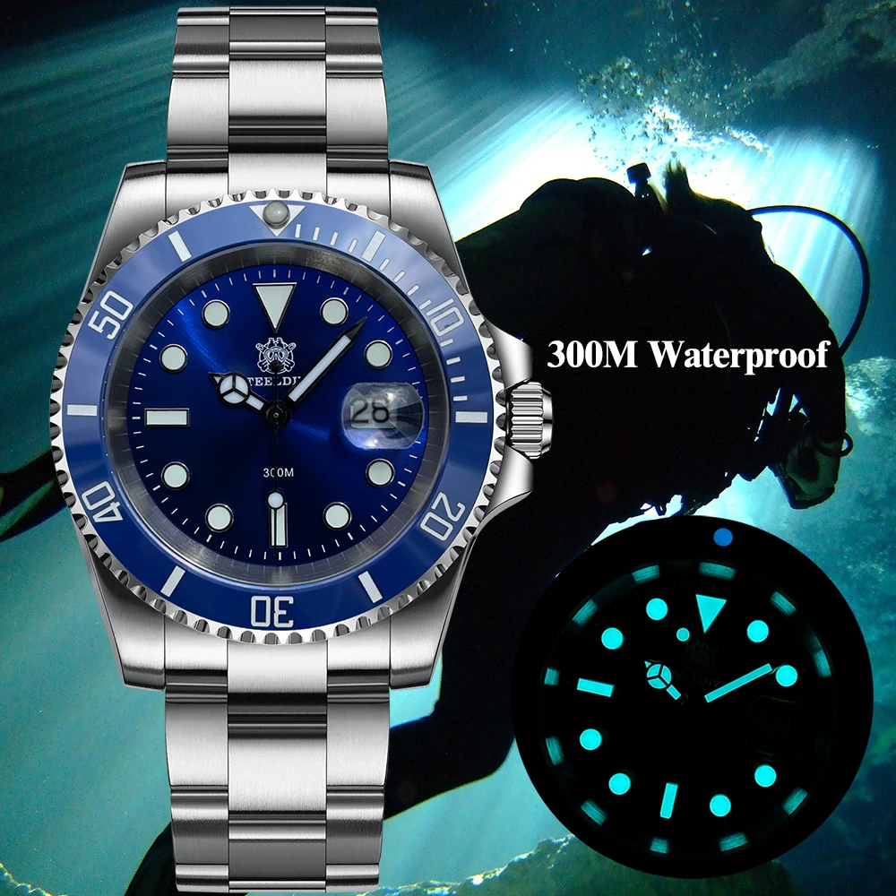 Цена Часы мужские Кварцевые водонепроницаемые со светящимися стрелками, 300 м