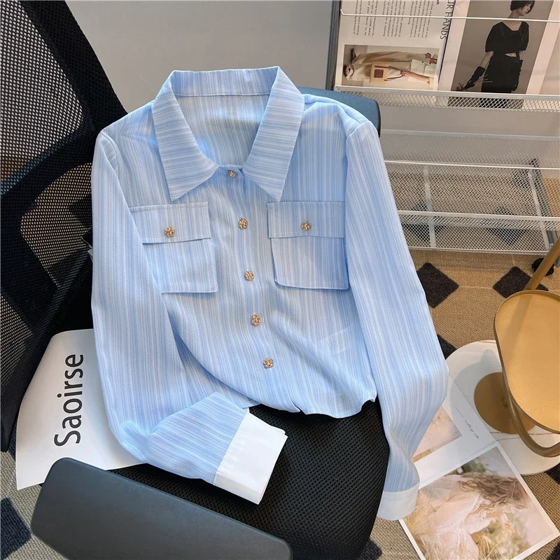 

DUOFAN Korean Blouses Lady Casual Lapel Long Sleeve Blue Striped Blusas 2023 Summer Women Elegant Single Breasted Thin Shirts