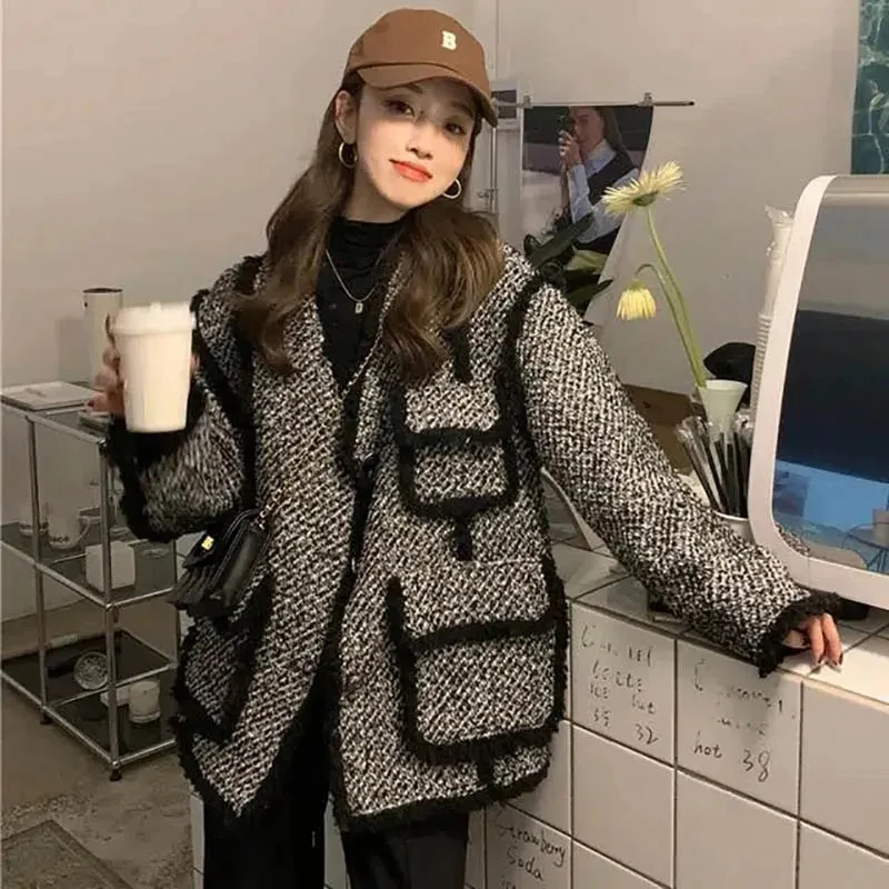 Женские твидовые куртки MEXZT винтажные черные толстые пальто в стиле пэчворк
