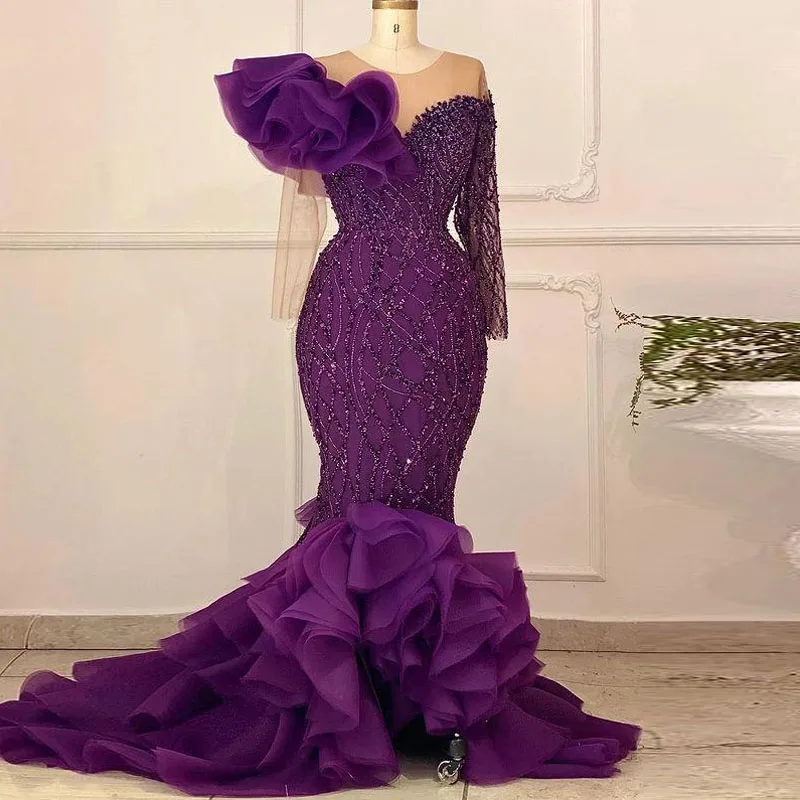 

Роскошные фиолетовые платья для выпускного вечера Aso Ebi, кружевные платья с бисером для выпускного вечера, Длинные вечерние платья с длинным...