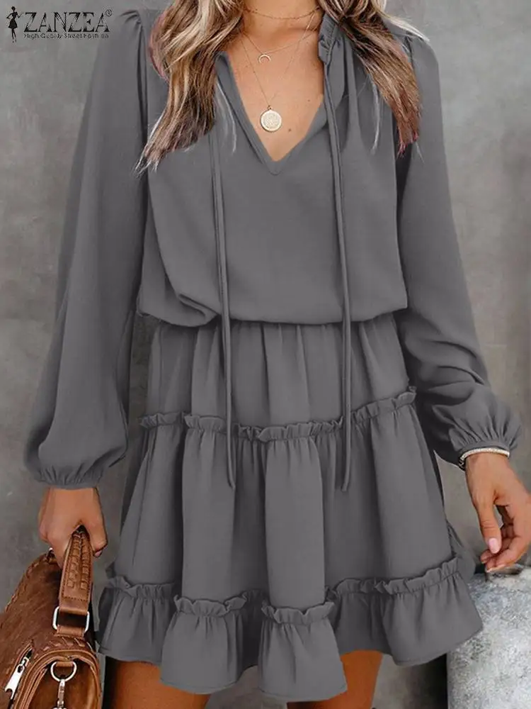 

ZANZEA Elegant Ruffle Knee Length Dress Spring Holiday Party Kaftan Vintage Robe 2022 Women Casual Long Sleeve V Neck Sundress