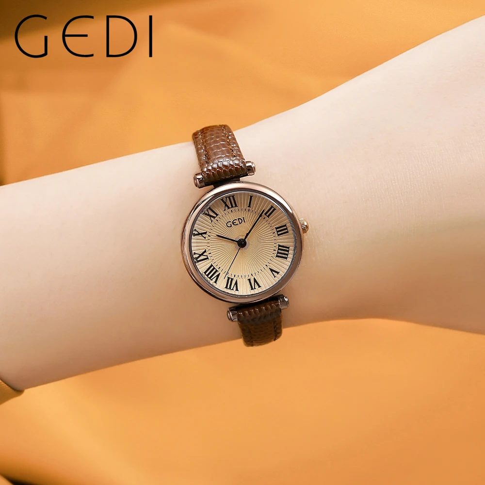 GEDI Retro Women Watches Vintage Roman Dial Leather Strap Waterproof Female Watch Fashion Casual Ladies Quartz Wristwatches 2023