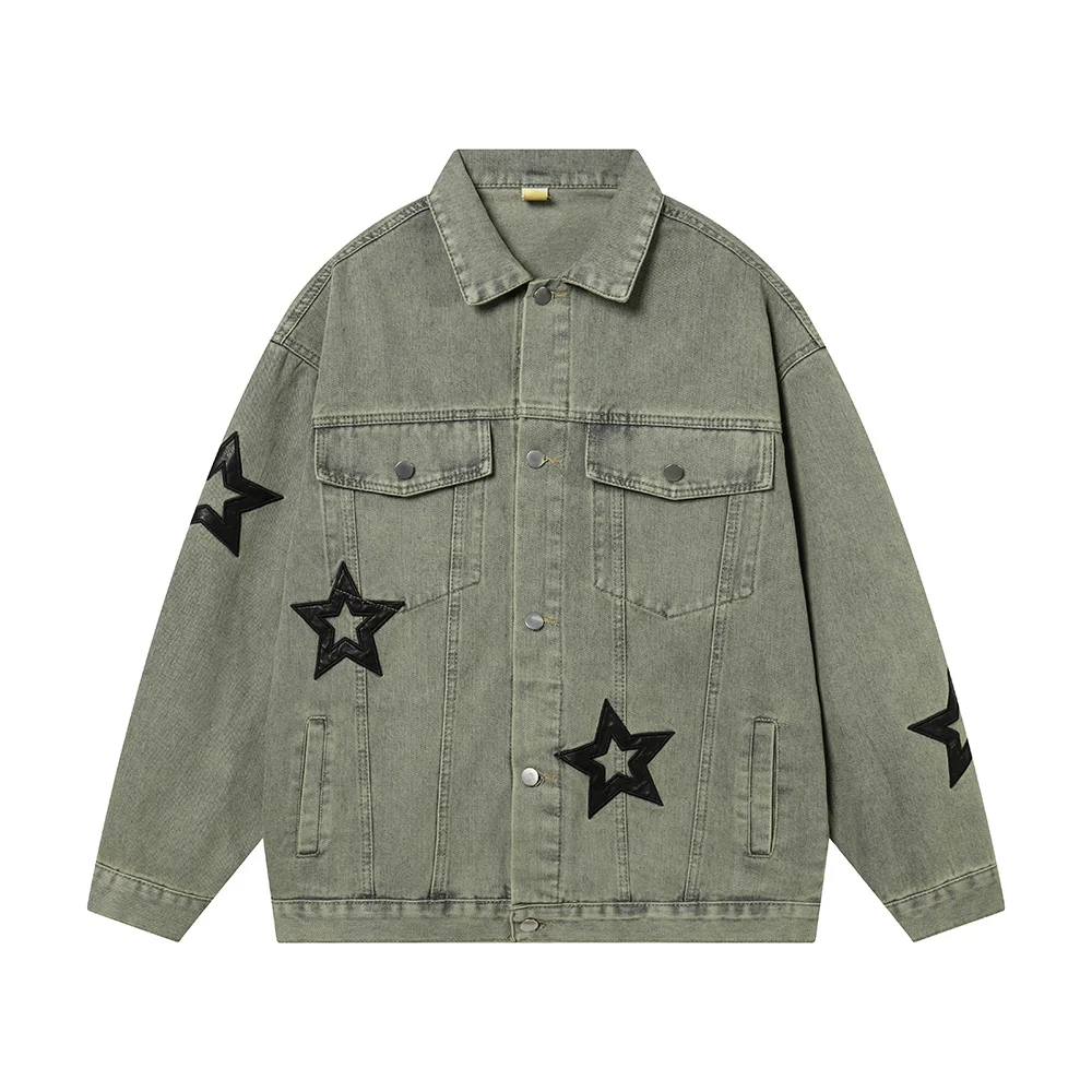 

Y2k Pu Leather Stars Embroidery Washed Baggy Jeans for Men and Women Chaquetas Hombre Casual Denim Coat Oversized Bomber Jackets